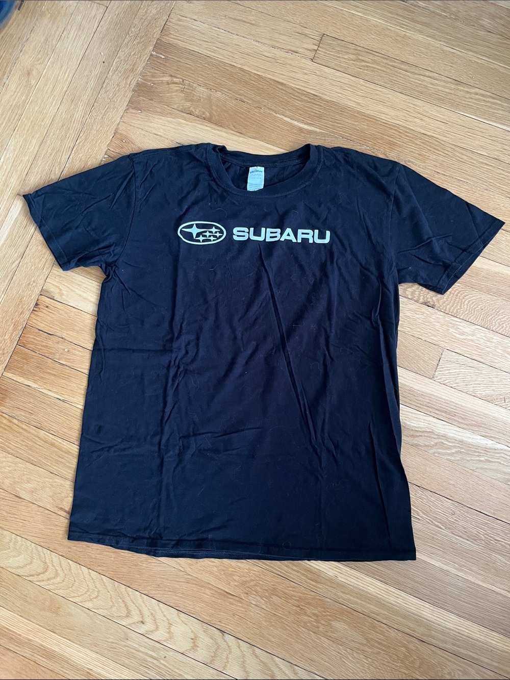 Gildan Women's Short Sleeve Black Tee with Subaru Logo